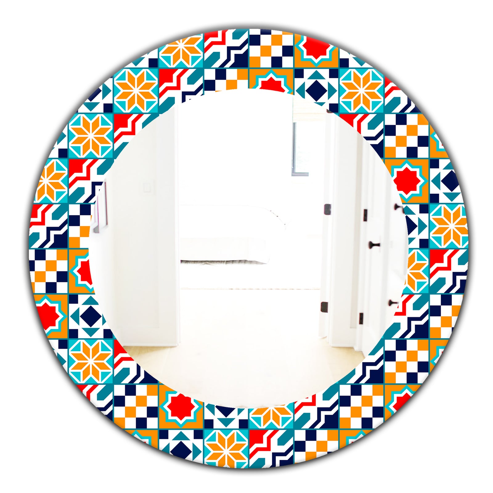 Colorful Geometric Tiles Pattern - Modern Mirror - Frameless Oval or Round Wall Mirror
