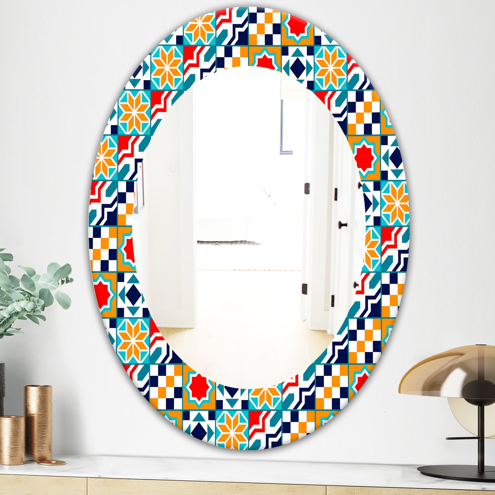 Colorful Geometric Tiles Pattern - Modern Mirror - Frameless Oval or Round Wall Mirror