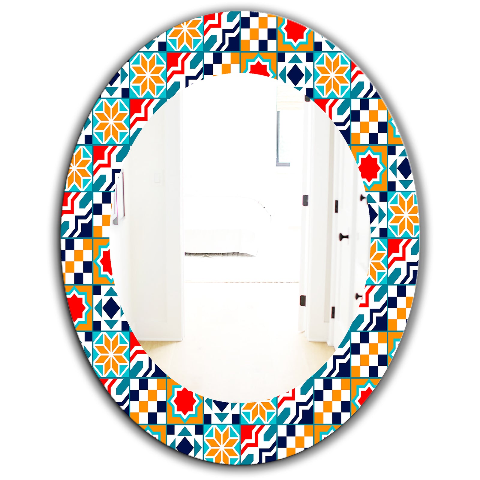 Colorful Geometric Tiles Pattern - Modern Mirror - Frameless Oval or Round Wall Mirror