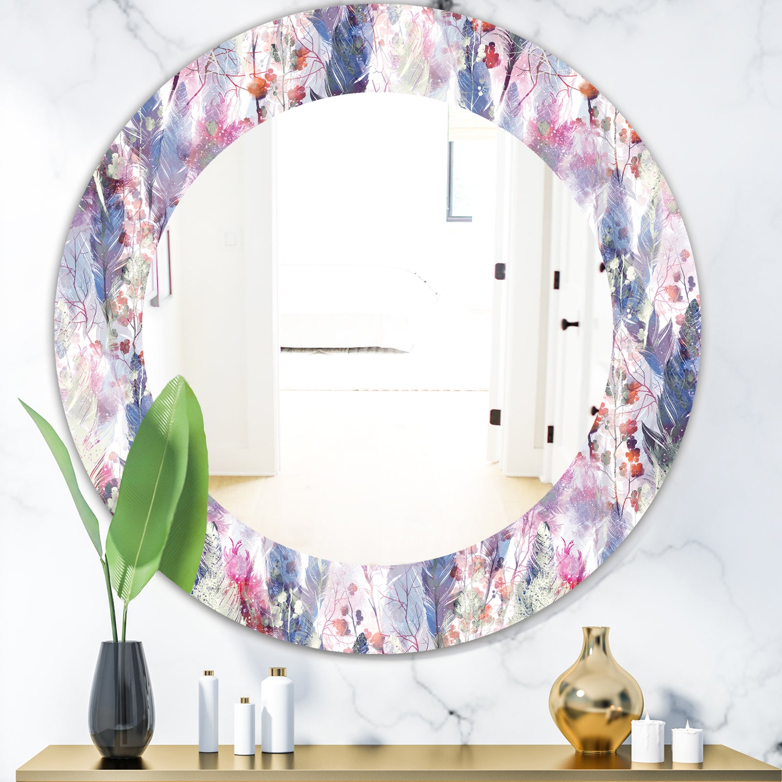 Feathers 2 - Bohemian and Eclectic Mirror - Frameless Oval or Round Vanity Mirror
