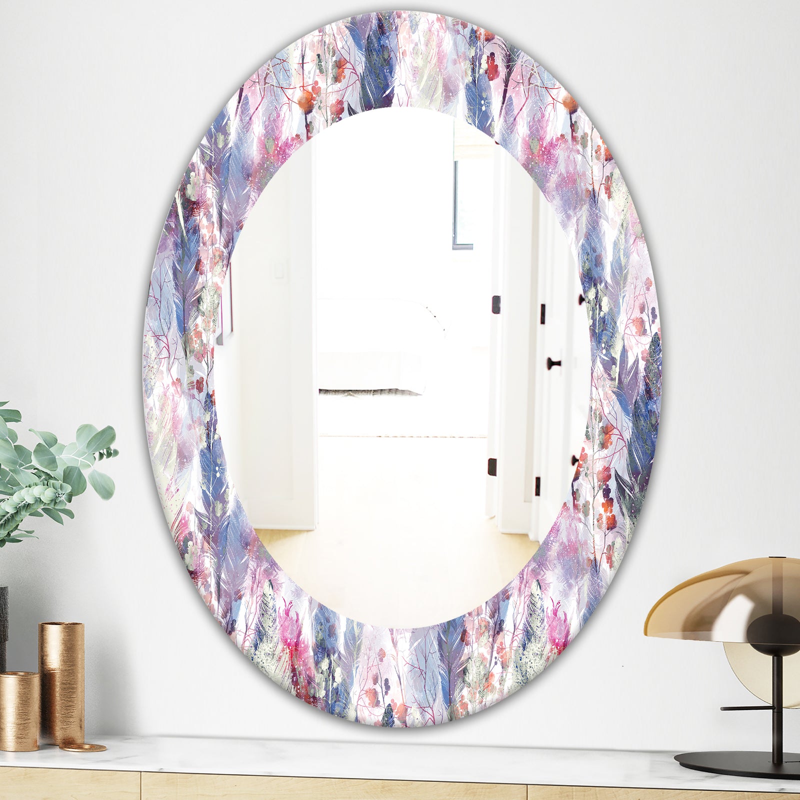 Feathers 2 - Bohemian and Eclectic Mirror - Frameless Oval or Round Vanity Mirror