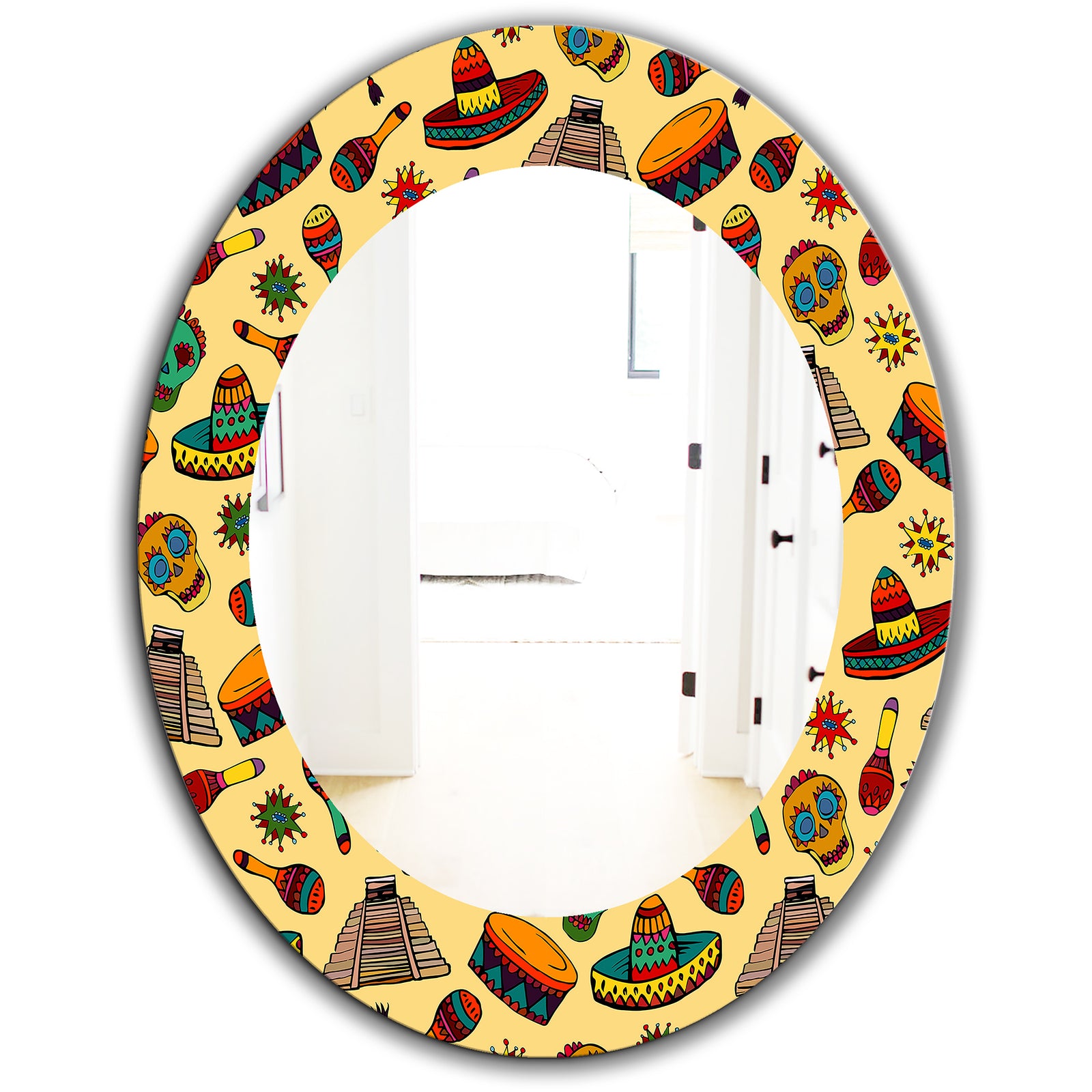 Pattern With Mexican Symbols - Bohemian and Eclectic Mirror - Oval or Round Wall Mirror