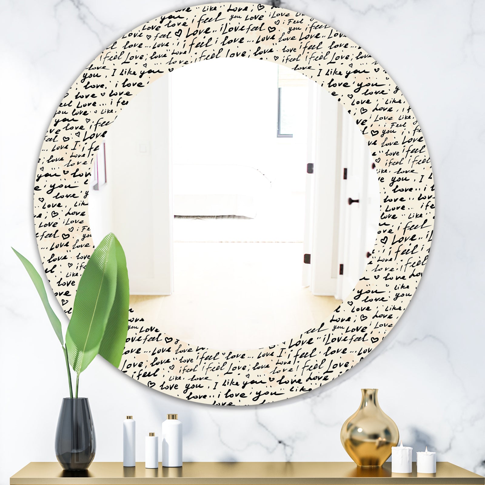 I Feel Love Text Pattern - Bohemian and Eclectic Mirror - Oval or Round Wall Mirror
