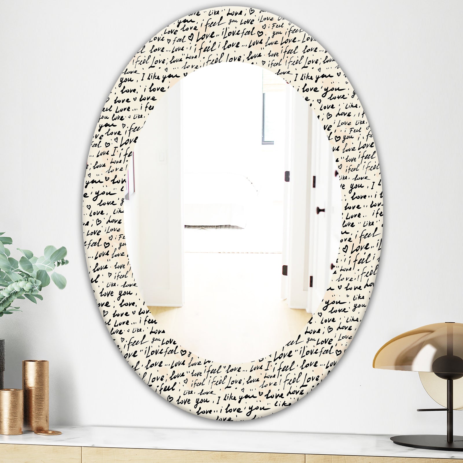 I Feel Love Text Pattern - Bohemian and Eclectic Mirror - Oval or Round Wall Mirror