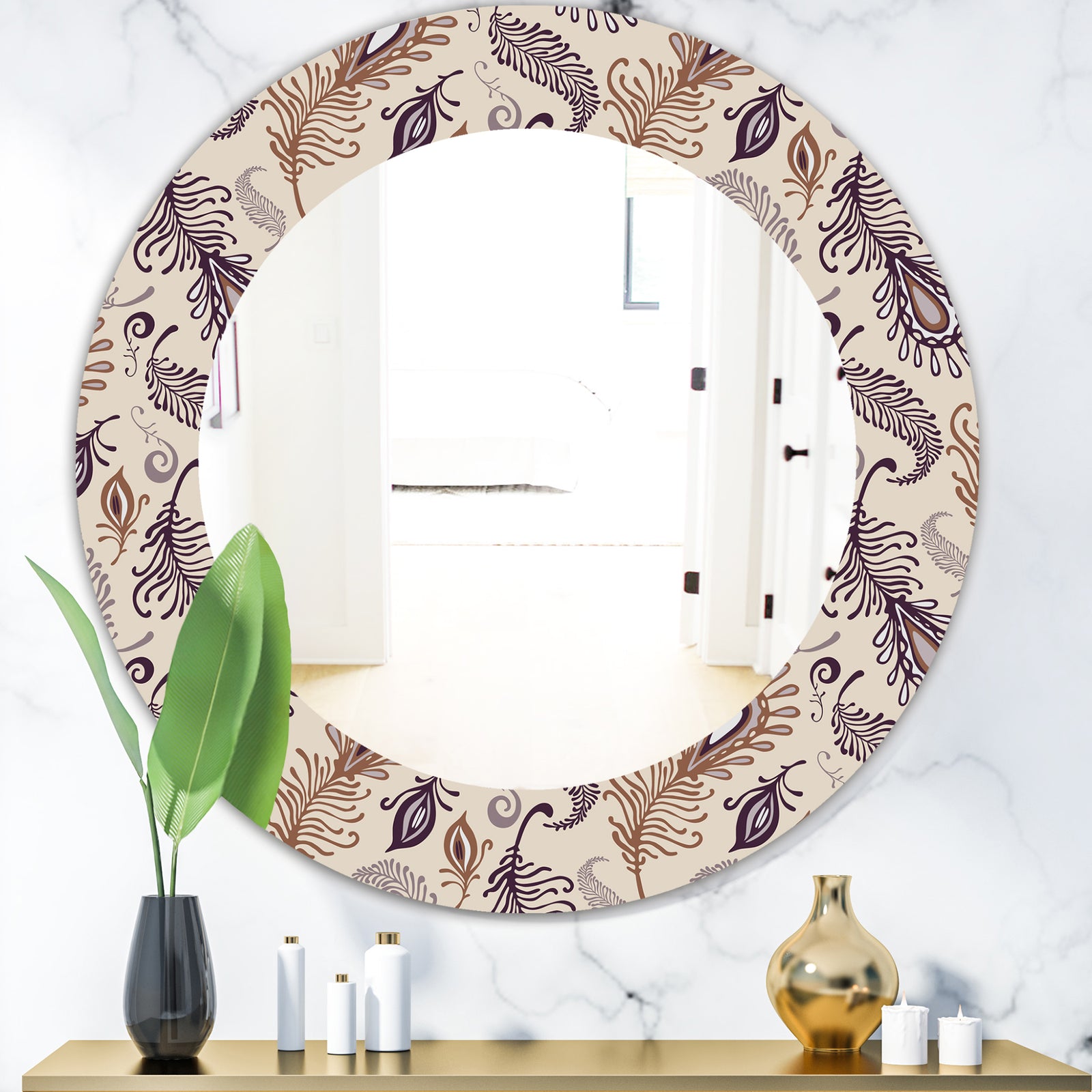 Various Feather Pattern - Bohemian and Eclectic Mirror - Frameless Oval or Round Wall Mirror