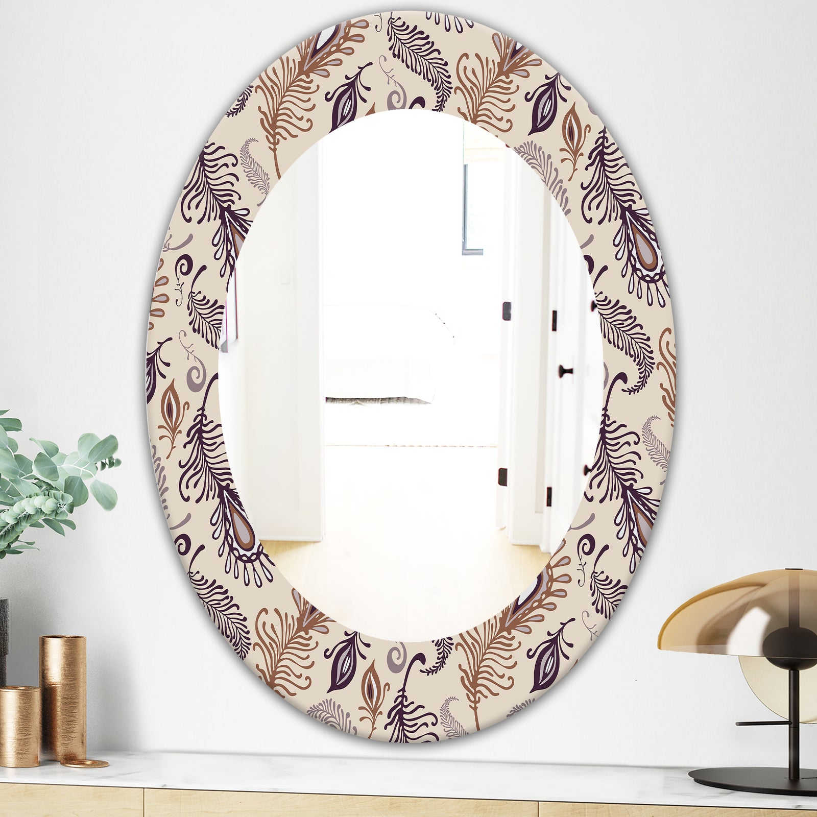 Various Feather Pattern - Bohemian and Eclectic Mirror - Frameless Oval or Round Wall Mirror