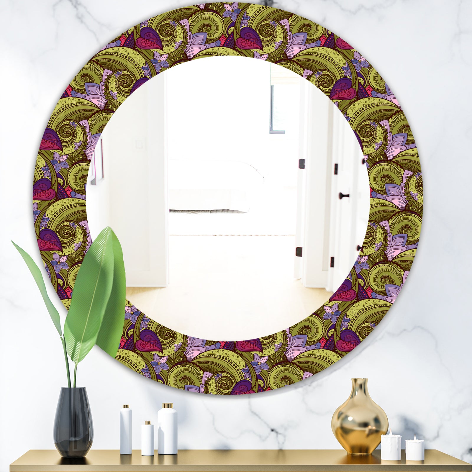 Floral Pattern, Paisley Garden Style - Bohemian and Eclectic Mirror - Oval or Round Wall Mirror