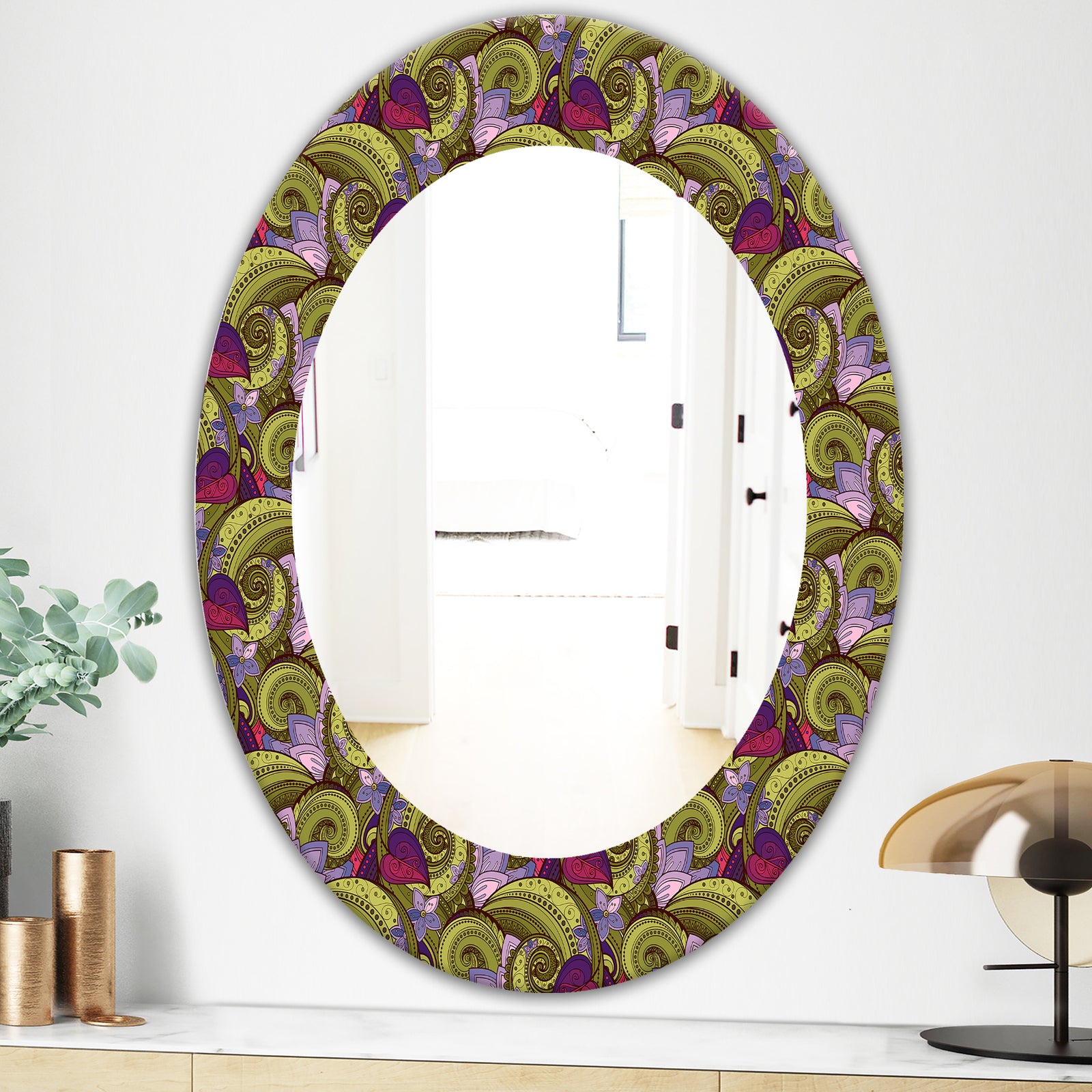 Floral Pattern, Paisley Garden Style - Bohemian and Eclectic Mirror - Oval or Round Wall Mirror