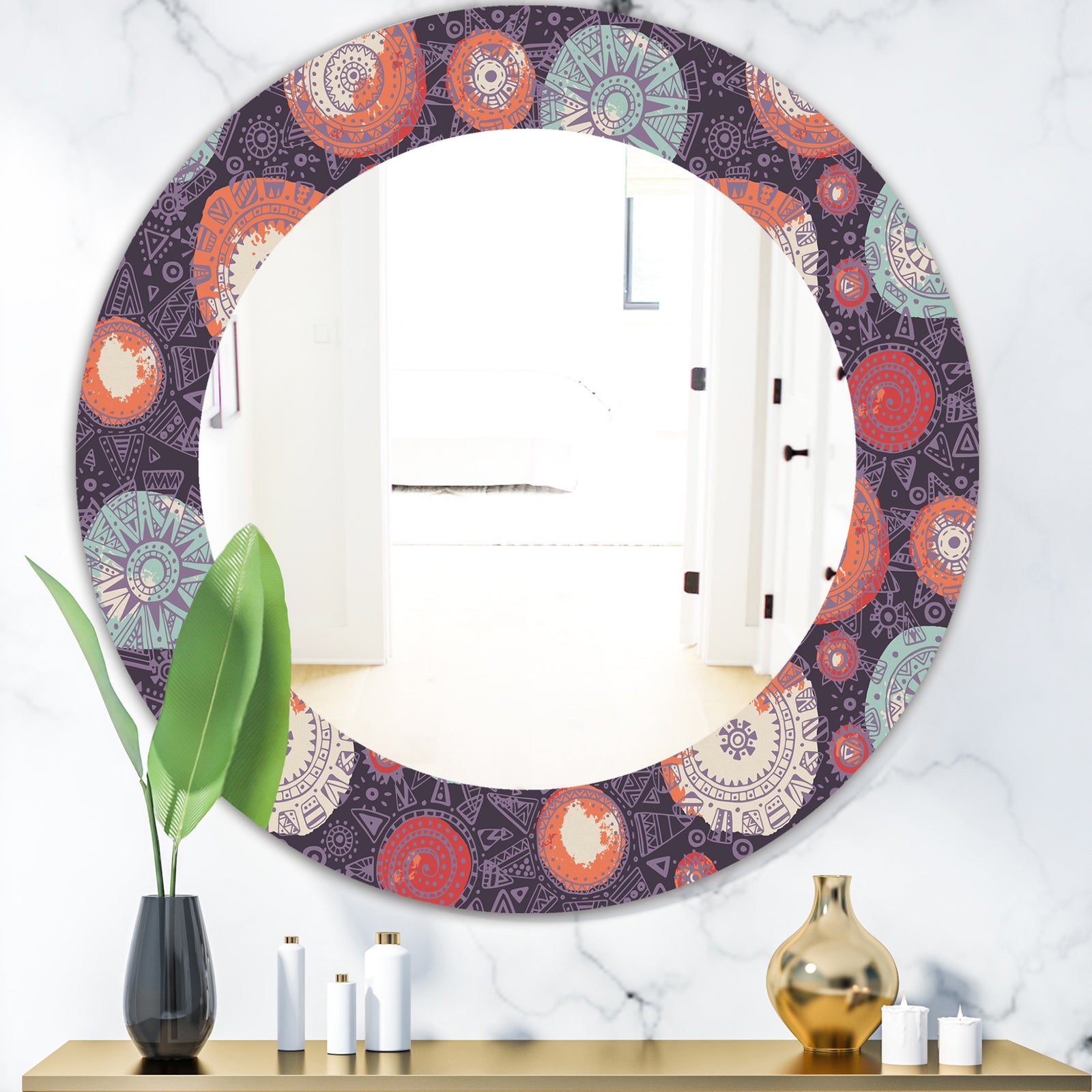 Pattern With Graphic Doodle Suns - Modern Mirror - Oval or Round Wall Mirror