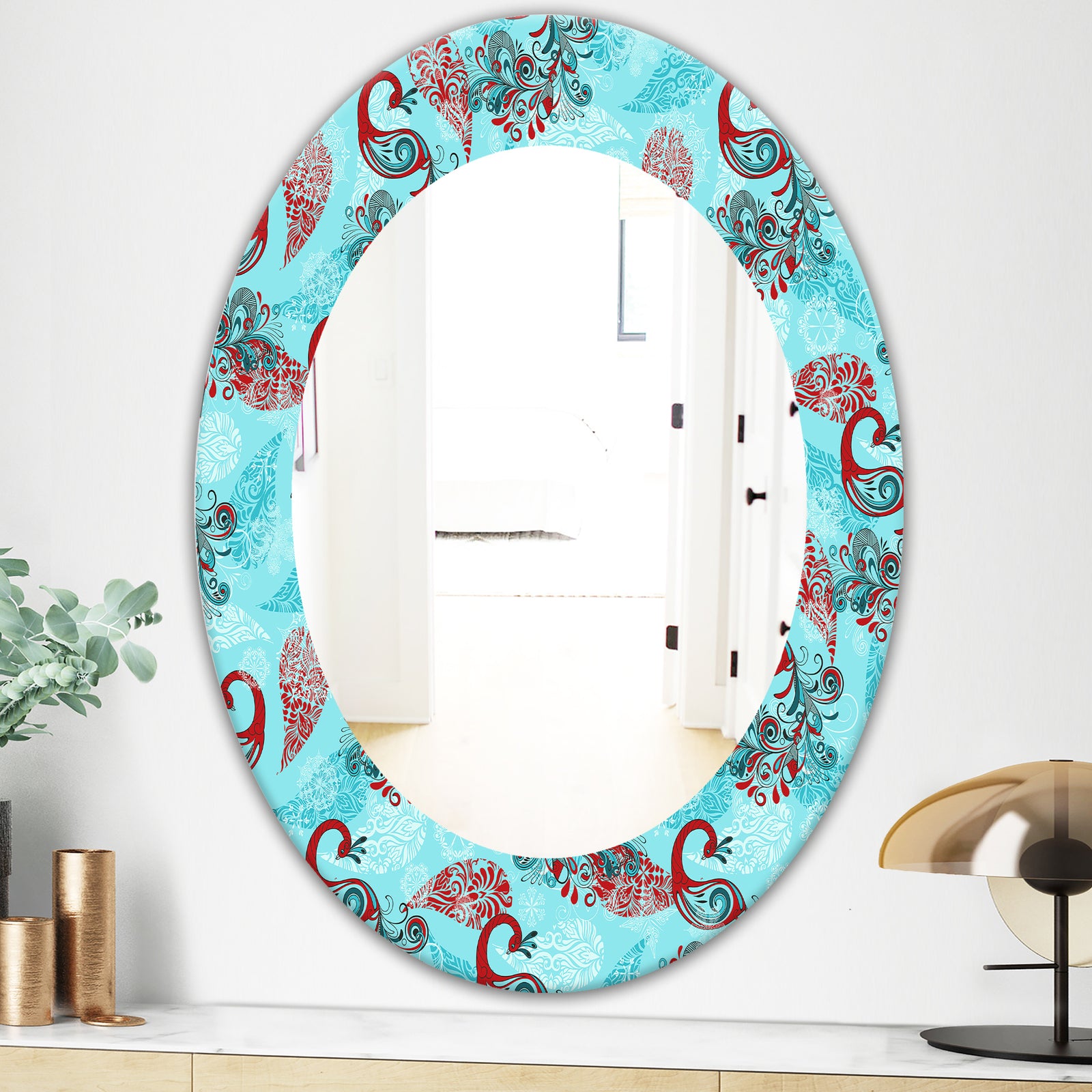 Winter Pattern With Peacocks and Snowflakes - Modern Mirror - Oval or Round Wall Mirror