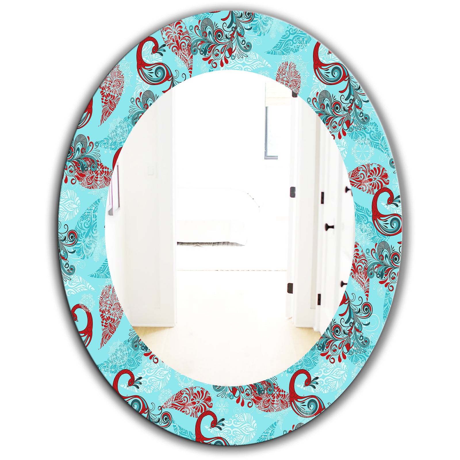 Winter Pattern With Peacocks and Snowflakes - Modern Mirror - Oval or Round Wall Mirror