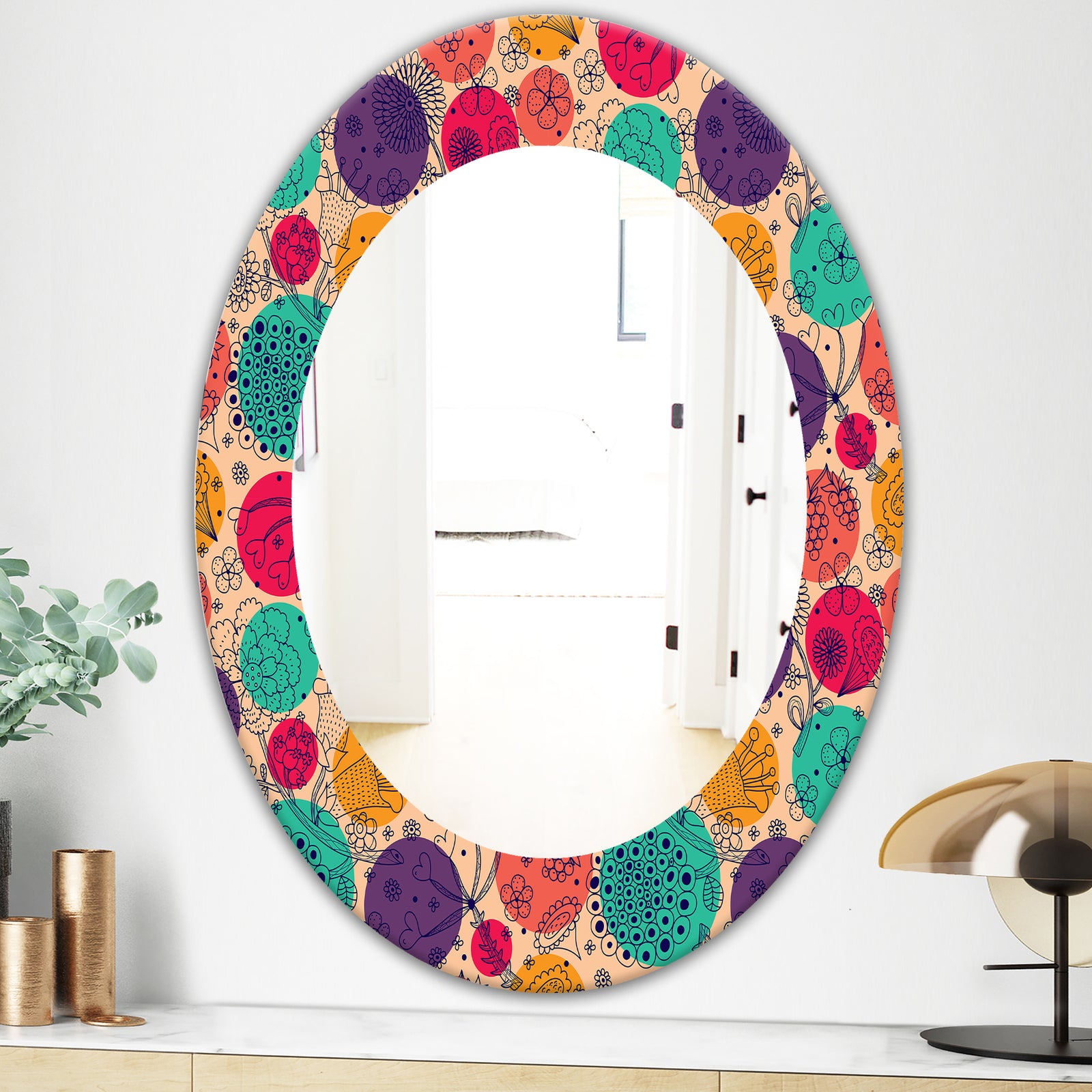 Flowers Motif Pattern - Modern Mirror - Oval or Round Wall Mirror