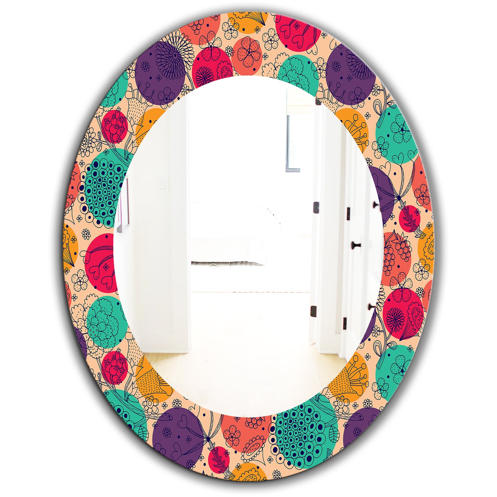 Flowers Motif Pattern - Modern Mirror - Oval or Round Wall Mirror