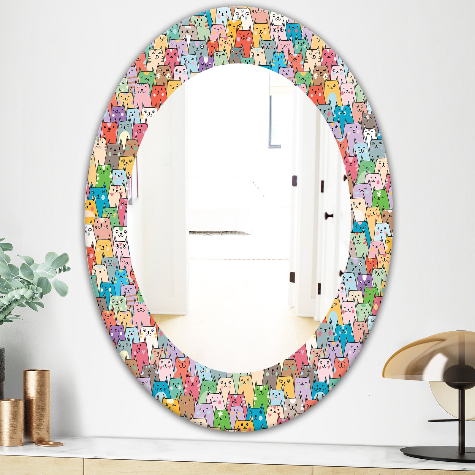 Funny Cat'S Heads Pattern - Modern Mirror - Oval or Round Wall Mirror