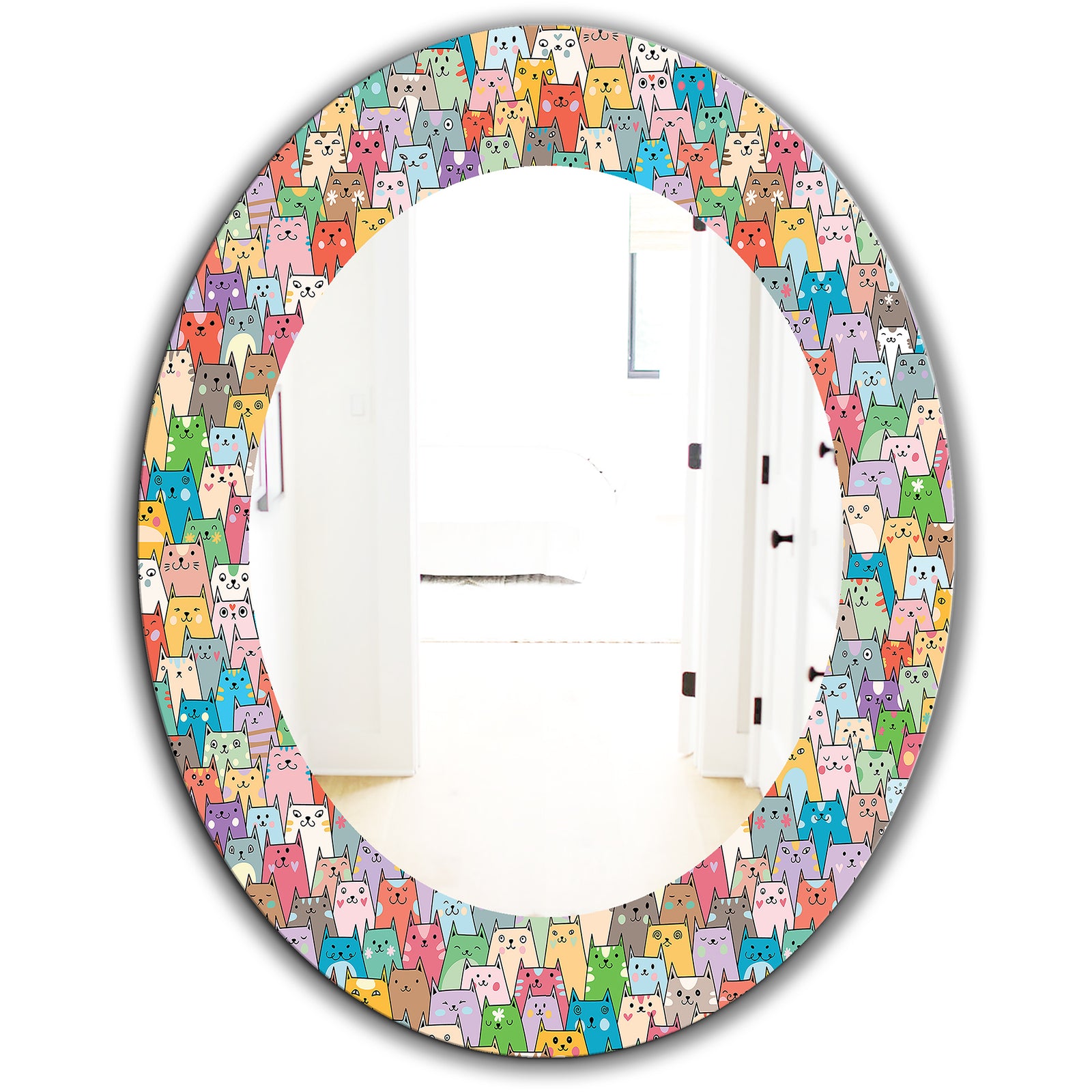 Funny Cat'S Heads Pattern - Modern Mirror - Oval or Round Wall Mirror