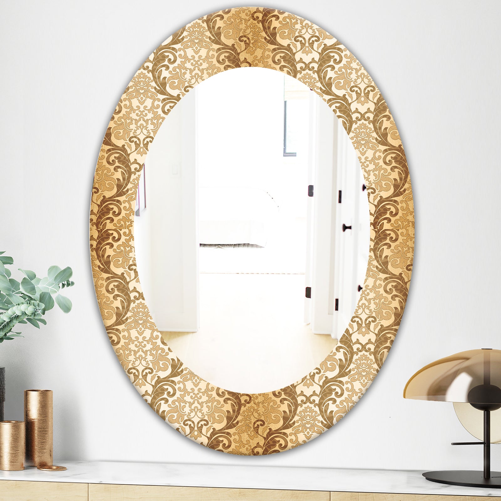 Damask Pattern - Mid-Century Mirror - Frameless Oval or Round Wall Mirror