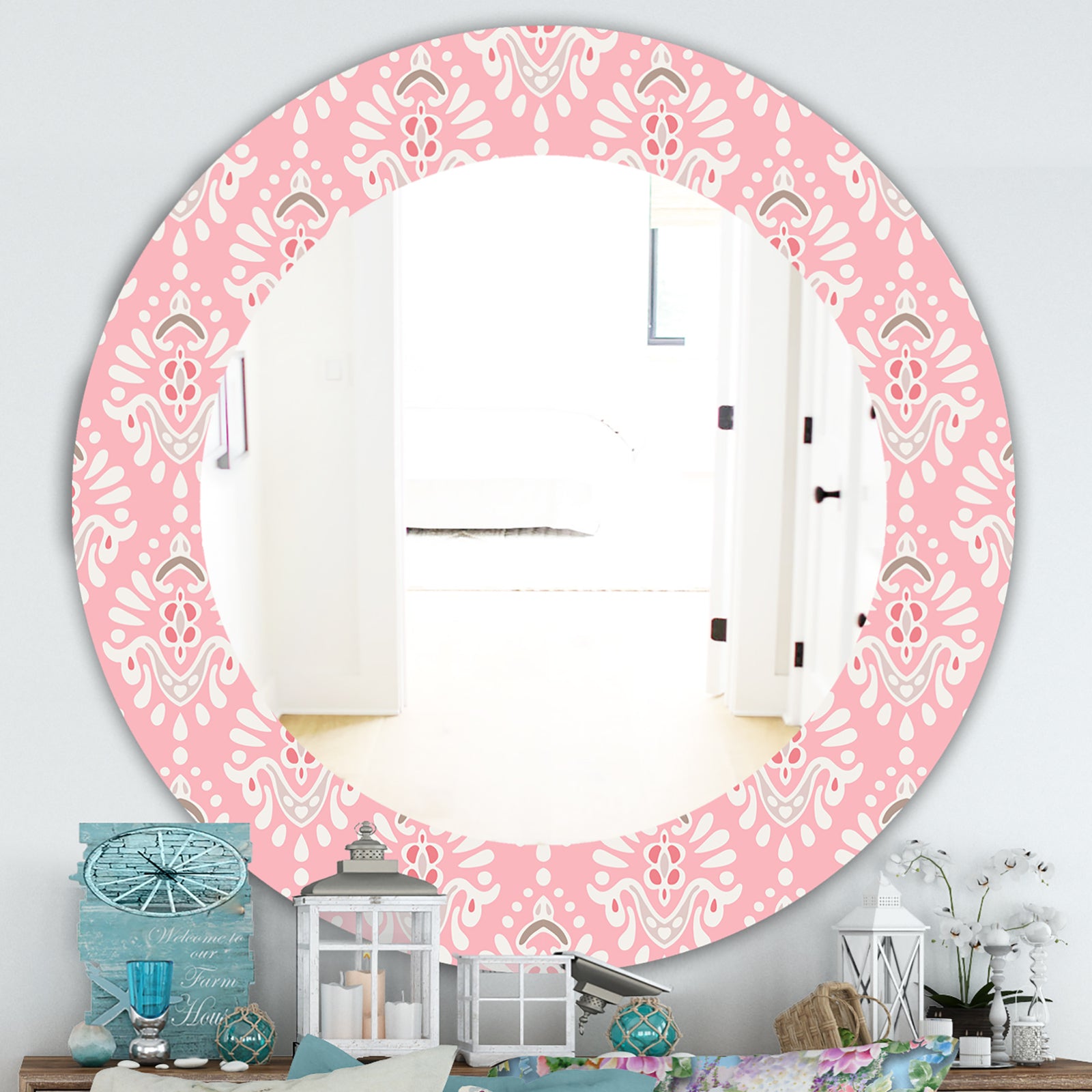 Pink Spheres 2 - Farmhouse Mirror - Frameless Oval or Round Wall Mirror
