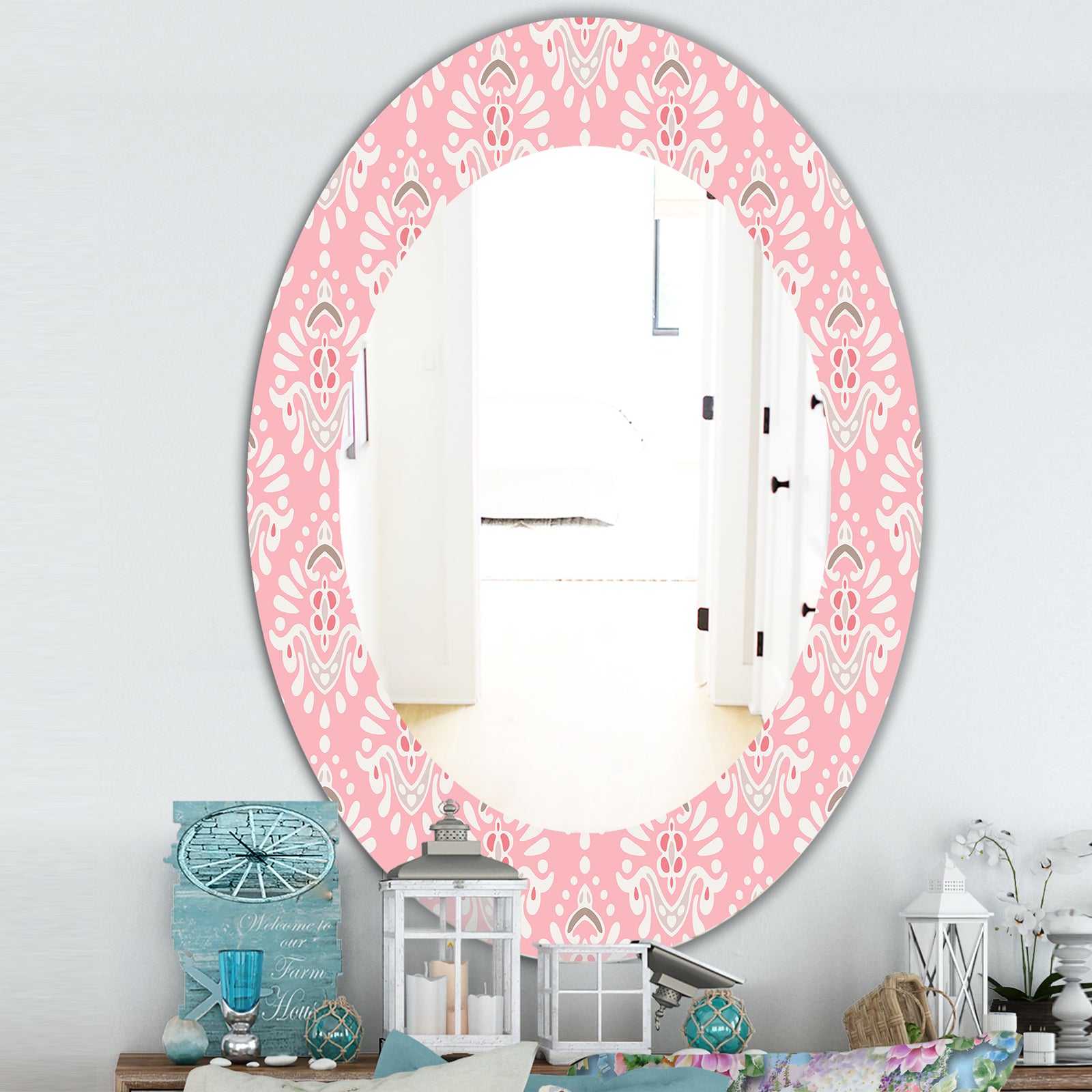 Pink Spheres 2 - Farmhouse Mirror - Frameless Oval or Round Wall Mirror
