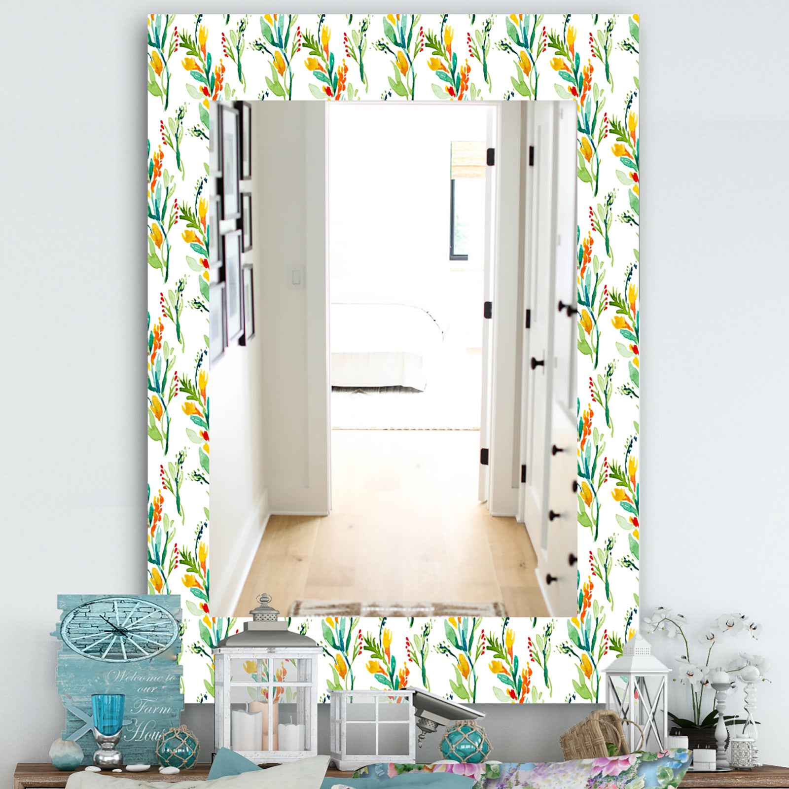 Pattern With Watercolor Floral Elements - Farmhouse Mirror - Wall Mirror
