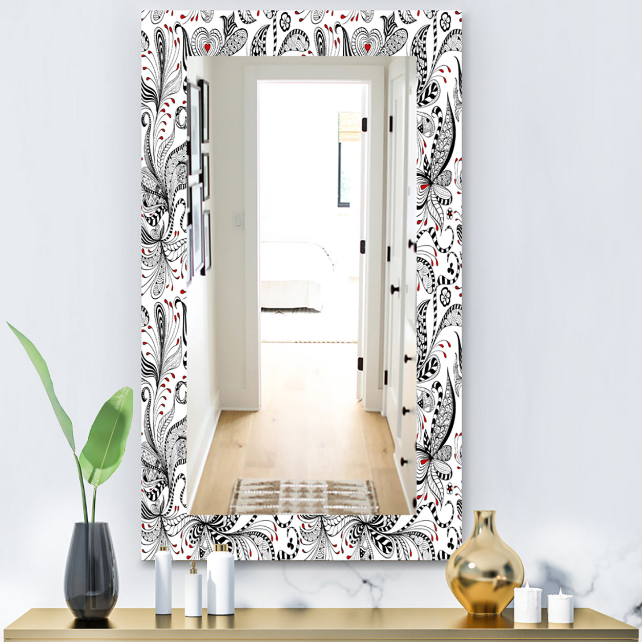 Black & Red Floral Pattern - Bohemian & Eclectic Mirror - Modern Wall Mirror