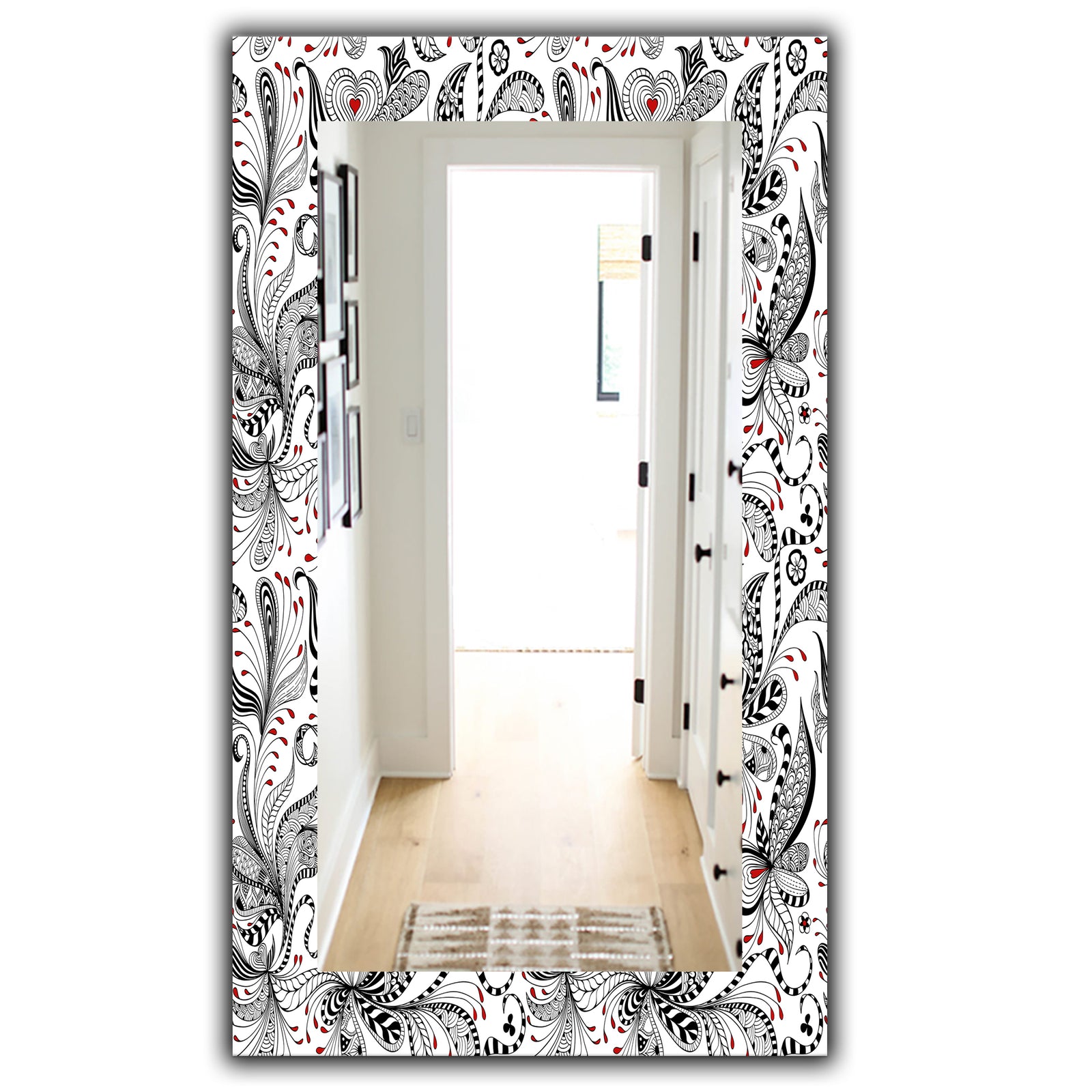 Black & Red Floral Pattern - Bohemian & Eclectic Mirror - Modern Wall Mirror