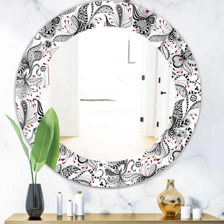Black & Red Floral Pattern - Bohemian & Eclectic Mirror - Oval or Round Wall Mirror