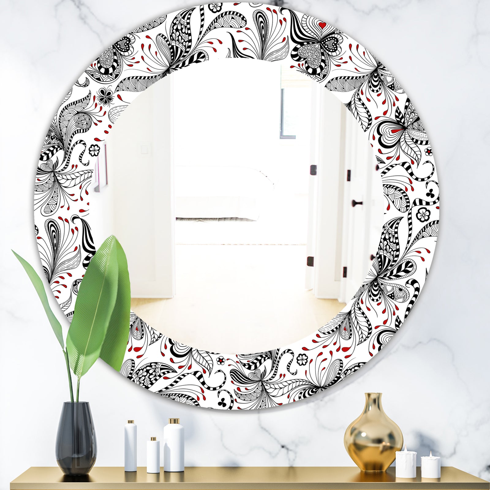 Black & Red Floral Pattern - Bohemian & Eclectic Mirror - Oval or Round Wall Mirror
