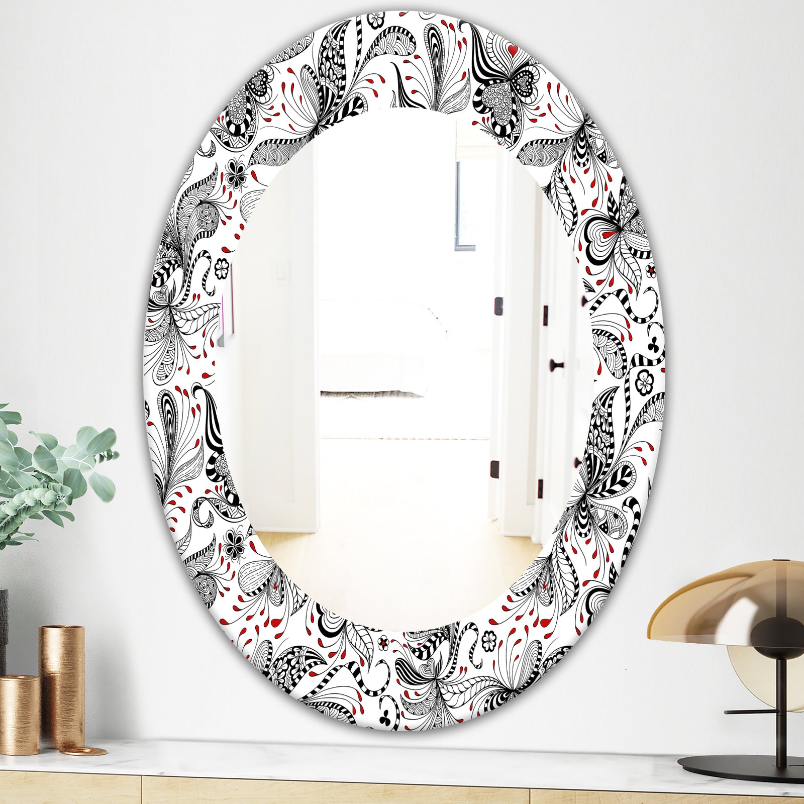 Black & Red Floral Pattern - Bohemian & Eclectic Mirror - Oval or Round Wall Mirror