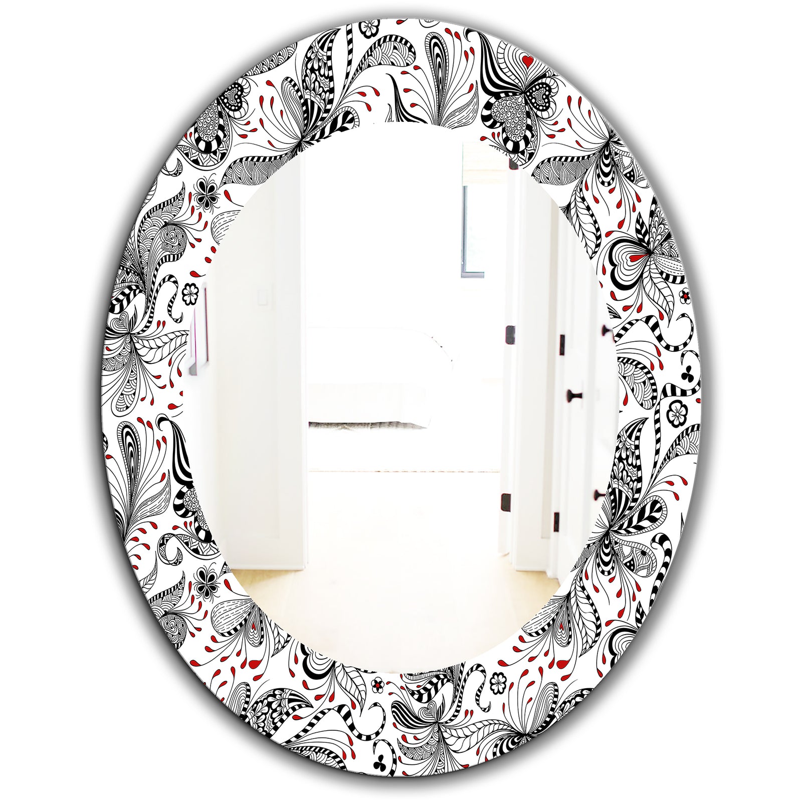 Black & Red Floral Pattern - Bohemian & Eclectic Mirror - Oval or Round Wall Mirror