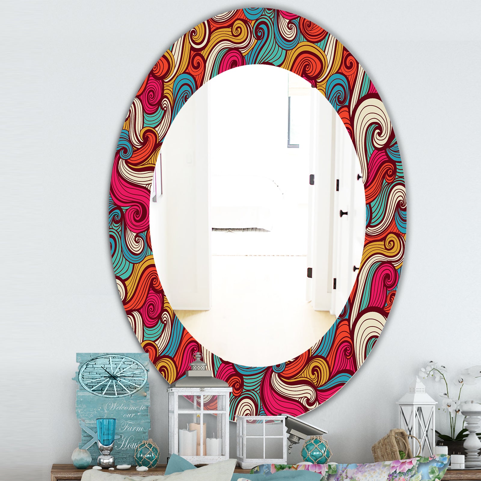 Color Waves Pattern - Traditional Mirror - Oval or Round Wall Mirror