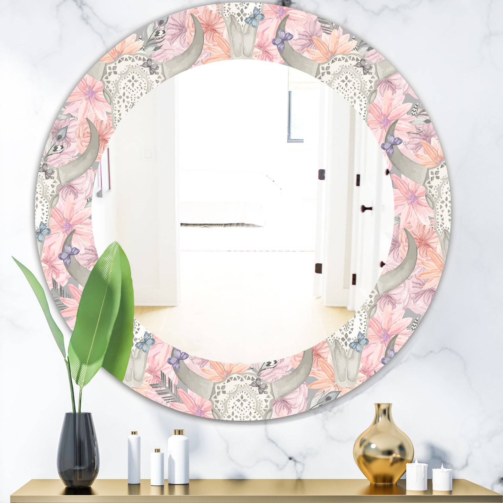 Pink Blossom 25 - Bohemian and Eclectic Mirror - Oval or Round Wall Mirror