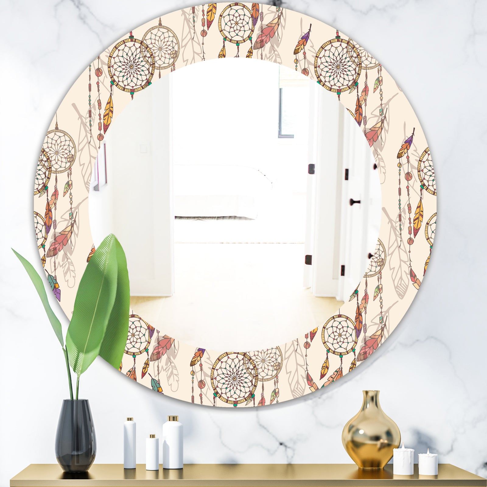 Bohemian Dream Catcher With Beads & Feathers - Bohemian & Eclectic Mirror - Oval or Round Wall Mirror