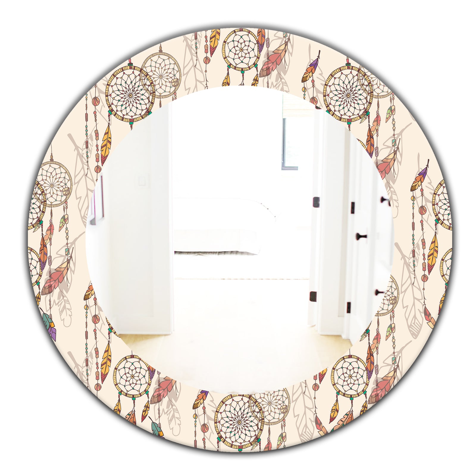 Bohemian Dream Catcher With Beads & Feathers - Bohemian & Eclectic Mirror - Oval or Round Wall Mirror