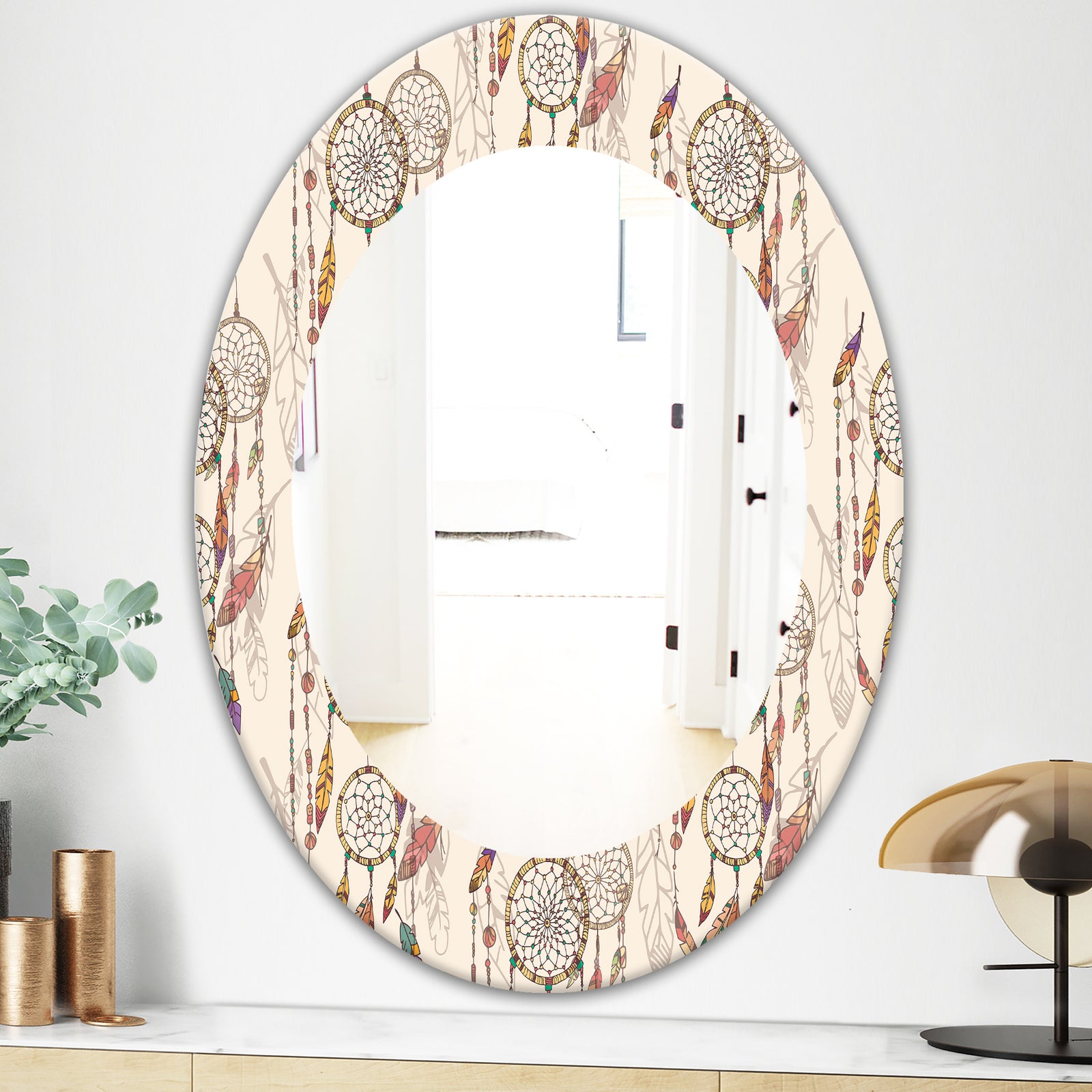 Bohemian Dream Catcher With Beads & Feathers - Bohemian & Eclectic Mirror - Oval or Round Wall Mirror