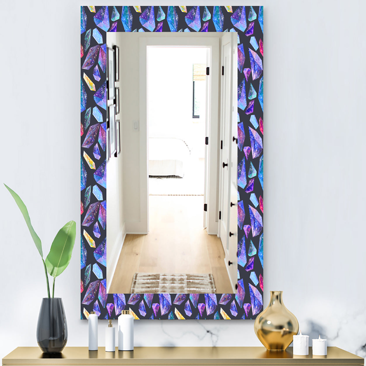 Pattern With Watercolor Crystals With Star Sky - Modern Mirror - Wall Mirror