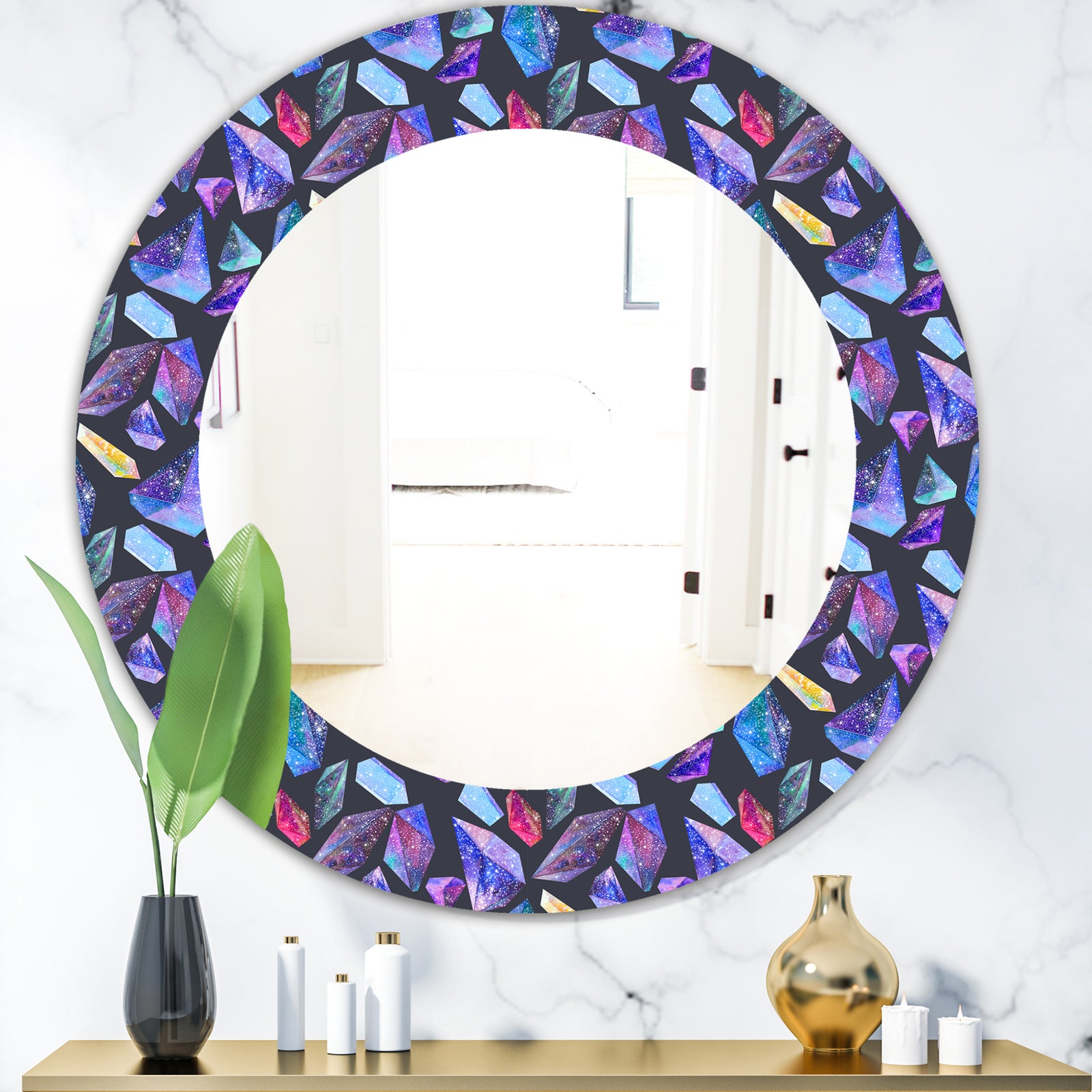 Pattern With Watercolor Crystals With Star Sky - Modern Mirror - Oval or Round Wall Mirror