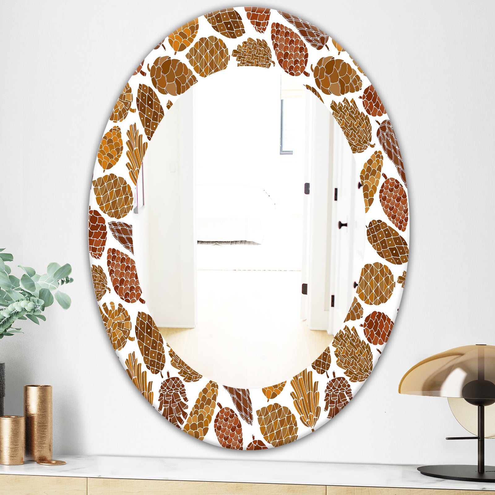 Pine Cones Pattern - Bohemian and Eclectic Mirror - Oval or Round Wall Mirror
