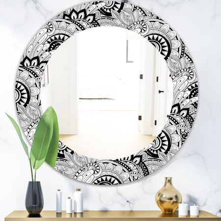 Monochrome Abstract Floral Pattern - Bohemian and Eclectic Mirror - Oval or Round Wall Mirror