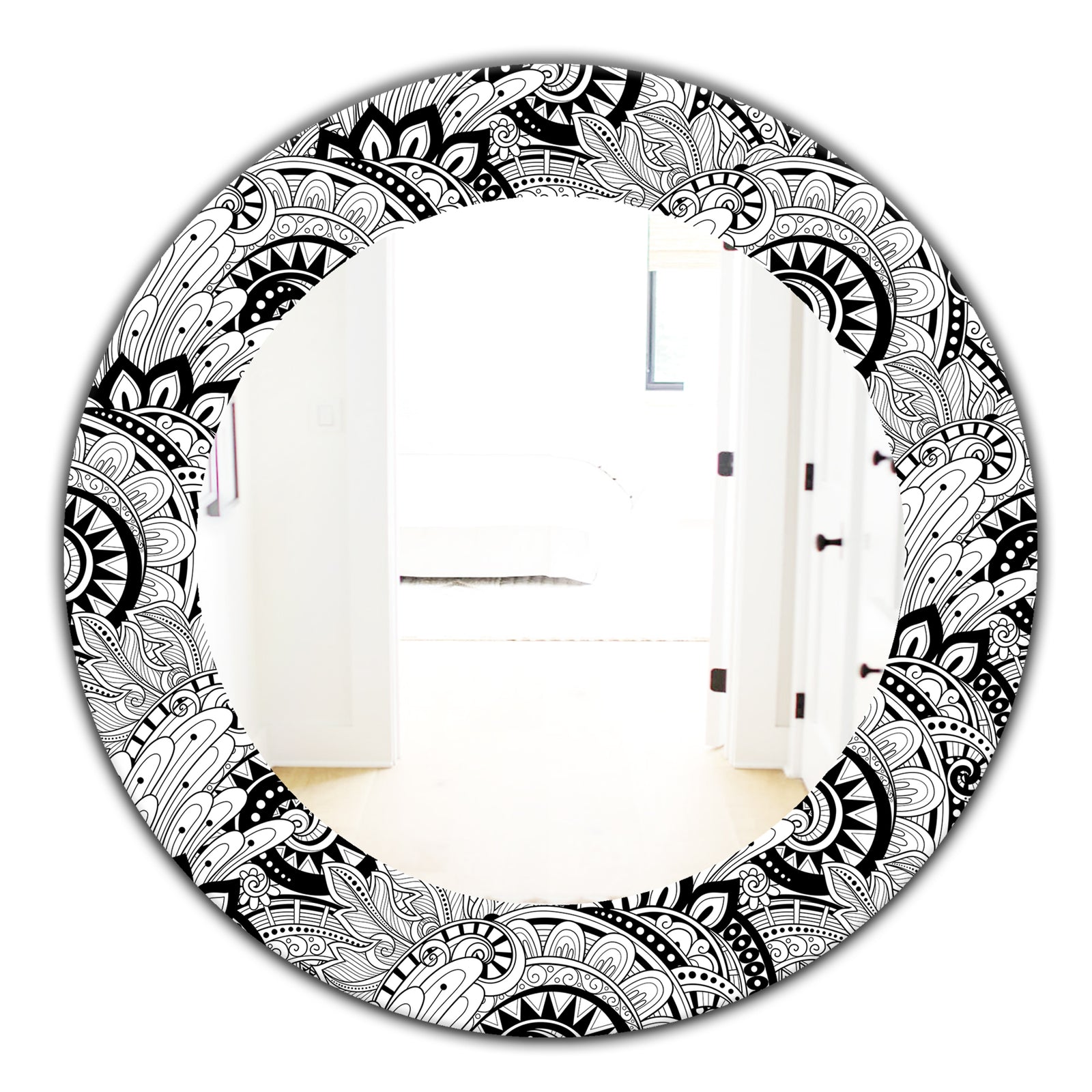 Monochrome Abstract Floral Pattern - Bohemian and Eclectic Mirror - Oval or Round Wall Mirror