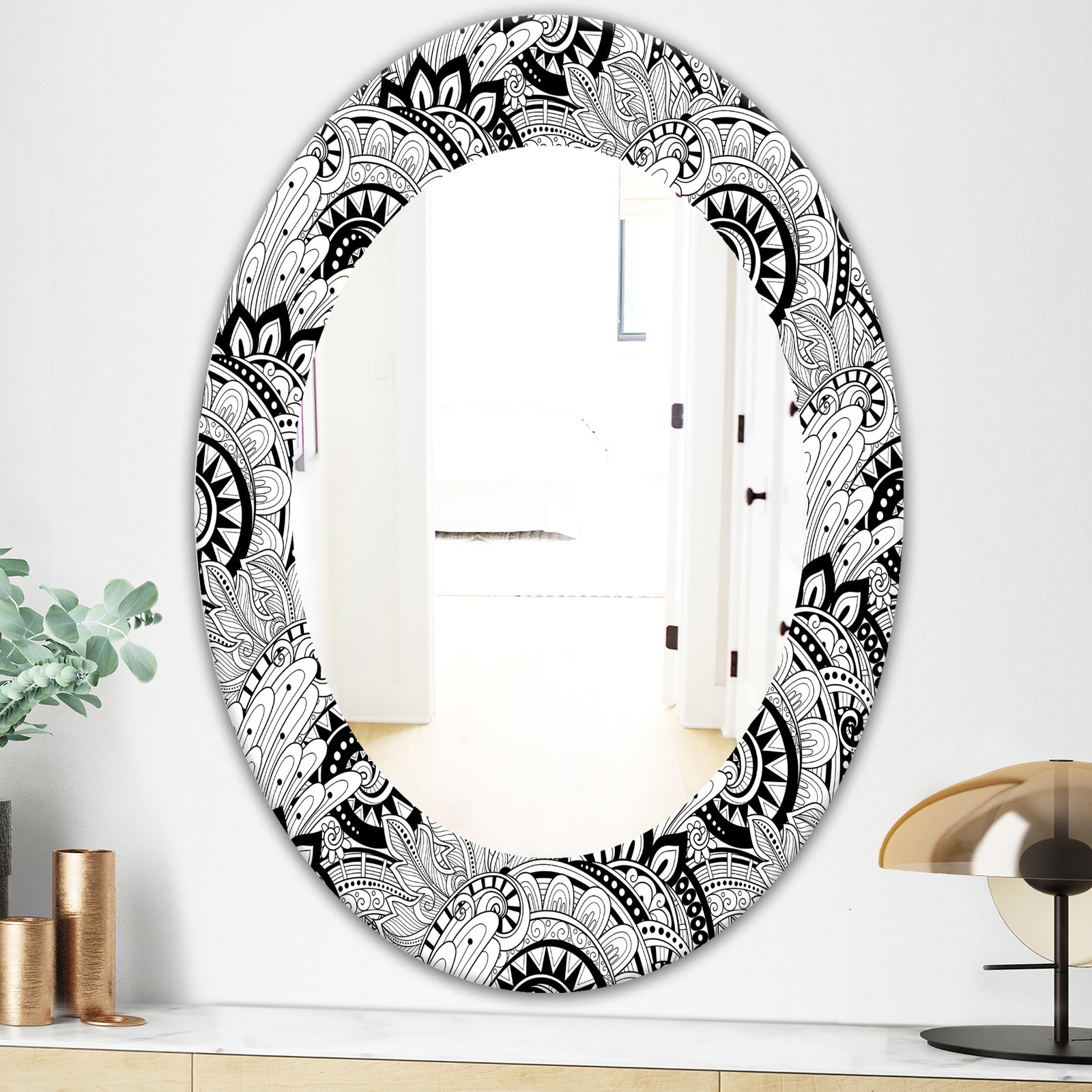 Monochrome Abstract Floral Pattern - Bohemian and Eclectic Mirror - Oval or Round Wall Mirror