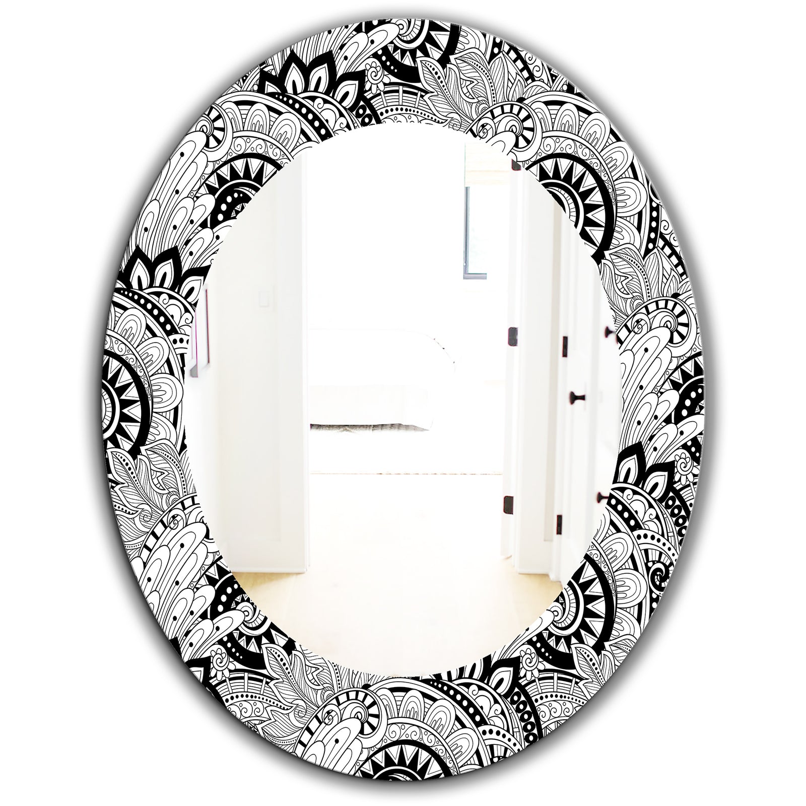 Monochrome Abstract Floral Pattern - Bohemian and Eclectic Mirror - Oval or Round Wall Mirror