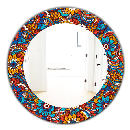 Hand Drawn Pattern With Floral Elements - Bohemian and Eclectic Mirror - Oval or Round Wall Mirror