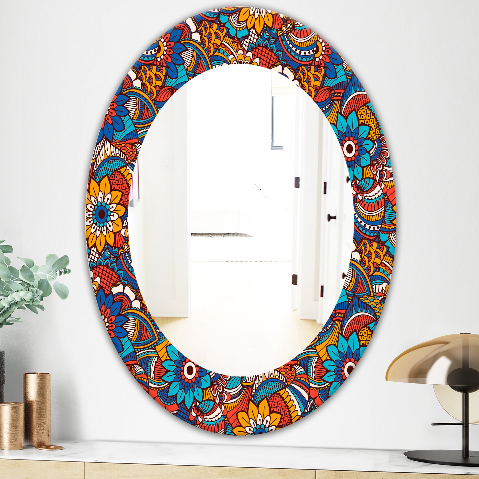Hand Drawn Pattern With Floral Elements - Bohemian and Eclectic Mirror - Oval or Round Wall Mirror
