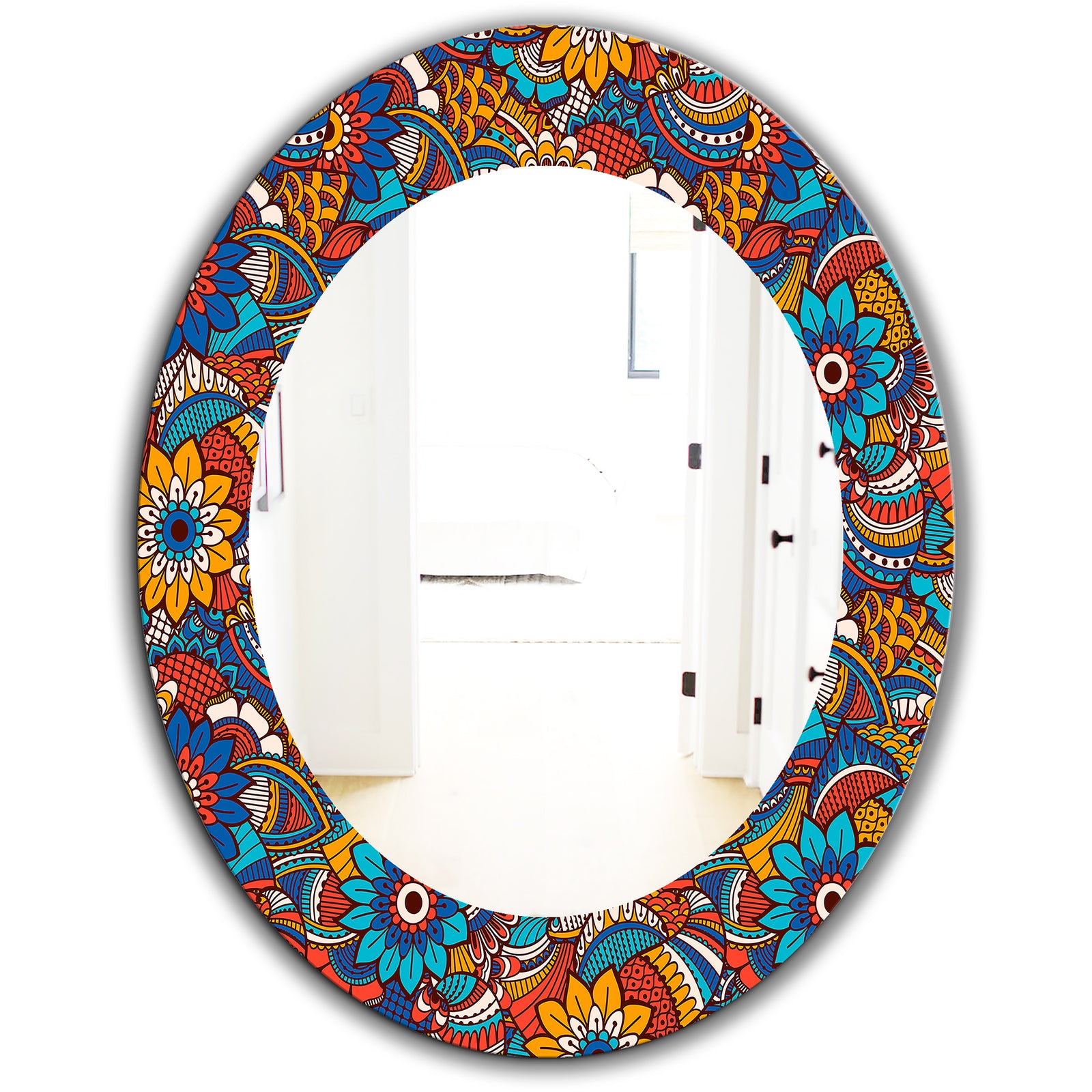 Hand Drawn Pattern With Floral Elements - Bohemian and Eclectic Mirror - Oval or Round Wall Mirror