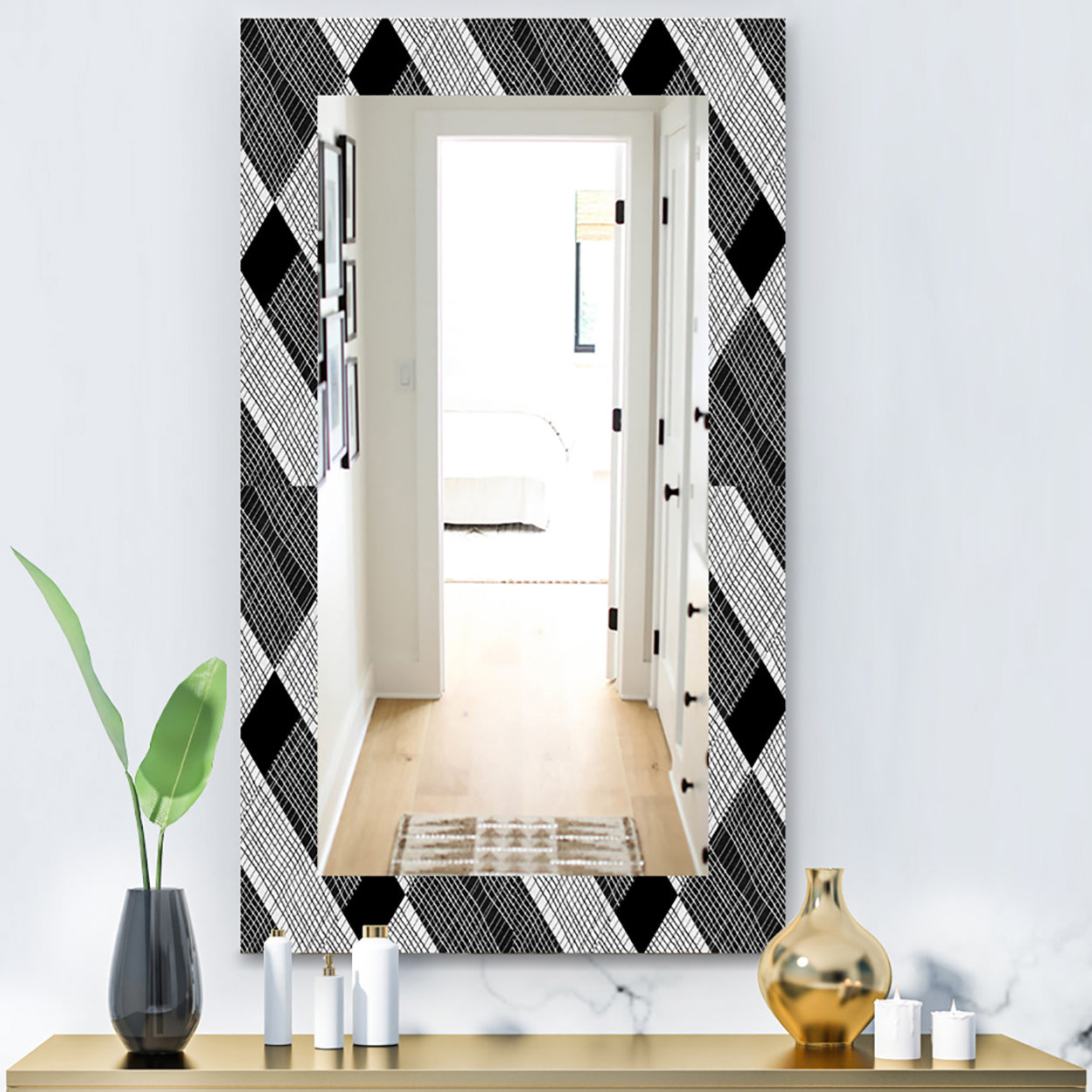 Black and White Check Stipes Pattern - Modern Mirror - Wall Mirror
