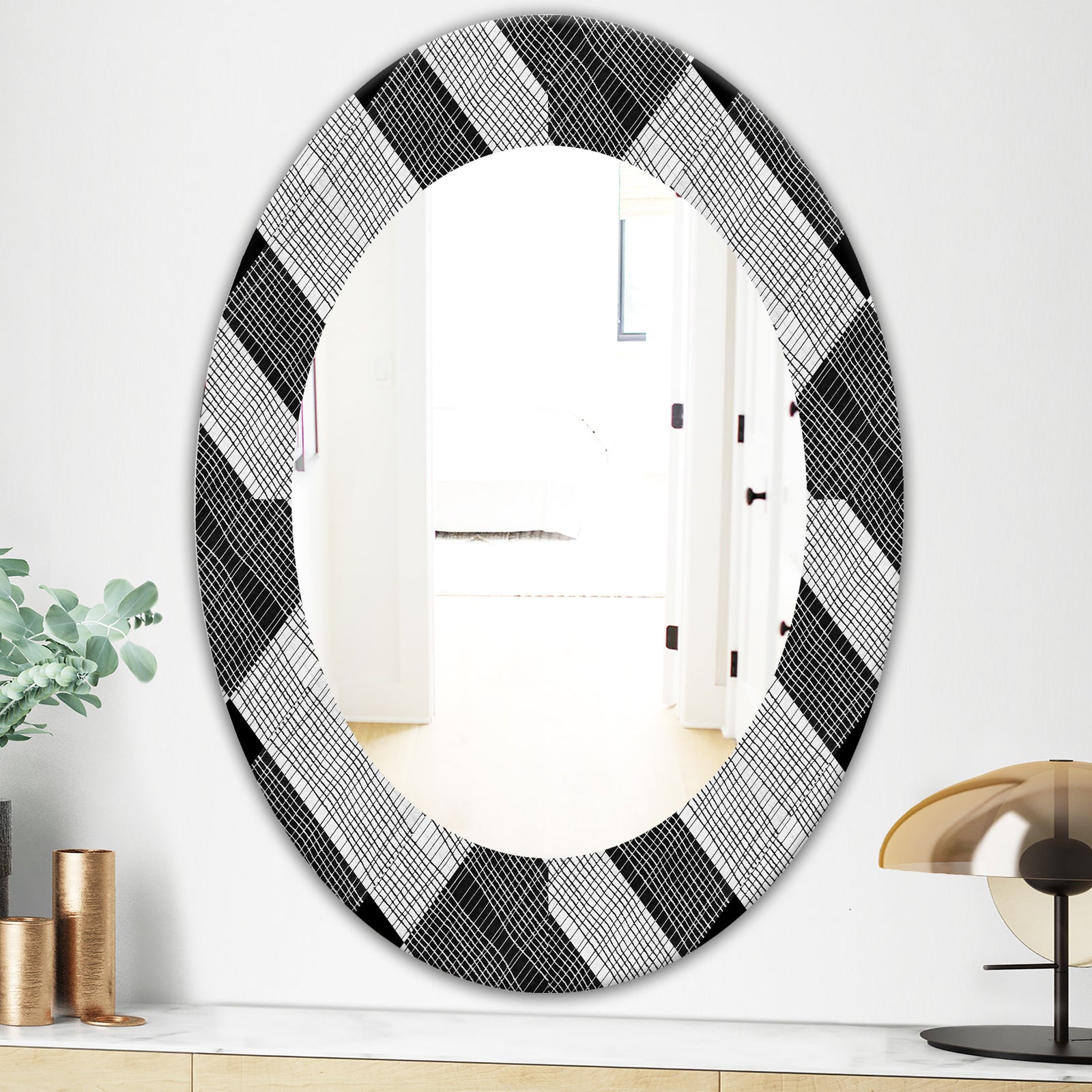 Black and White Check Stipes Pattern - Modern Mirror - Oval or Round Wall Mirror