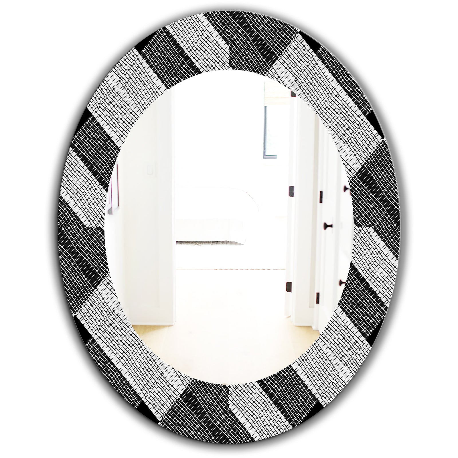 Black and White Check Stipes Pattern - Modern Mirror - Oval or Round Wall Mirror