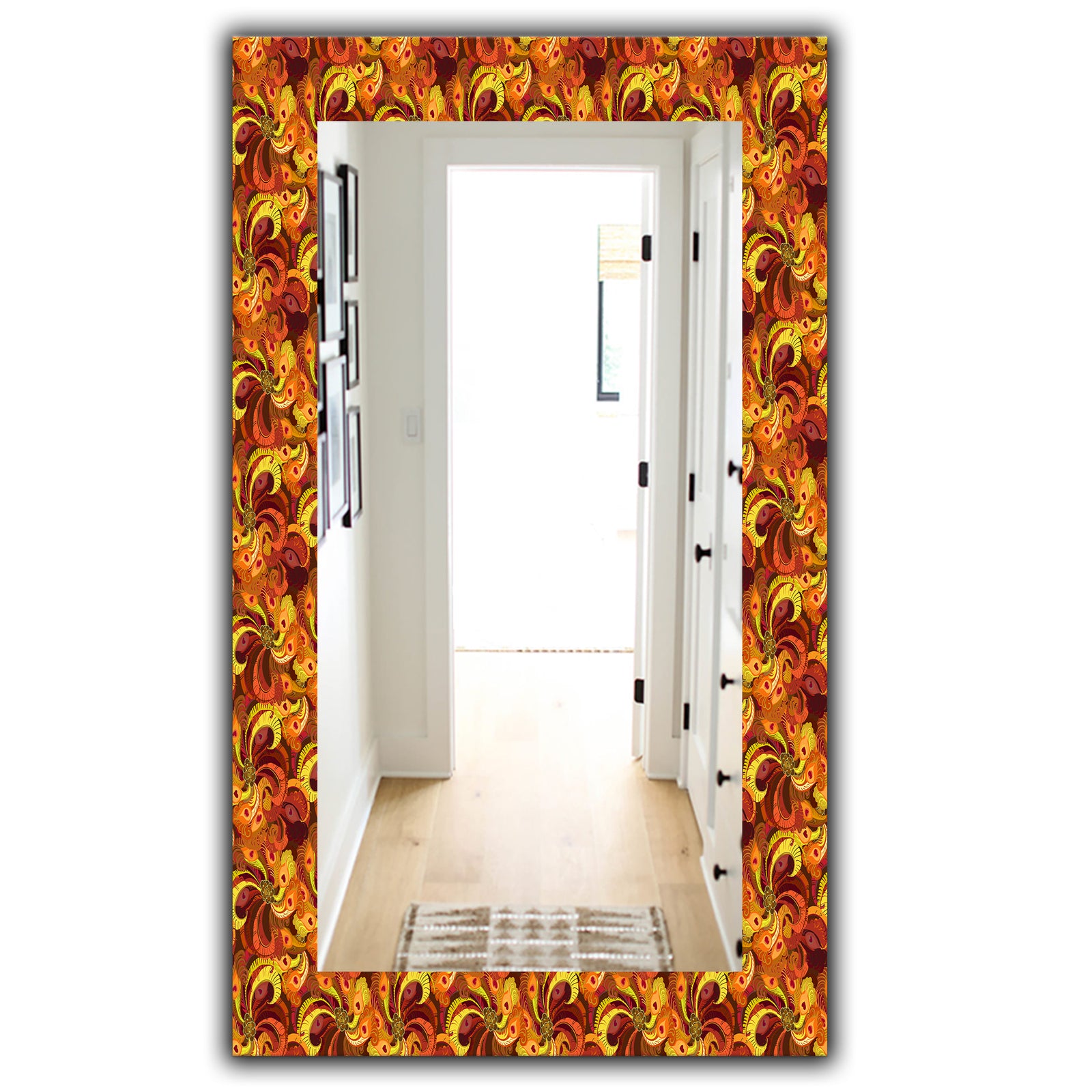 Beautiful Golden Orange & Red Peacock Feathers - Bohemian & Eclectic Mirror - Modern Wall Mirror