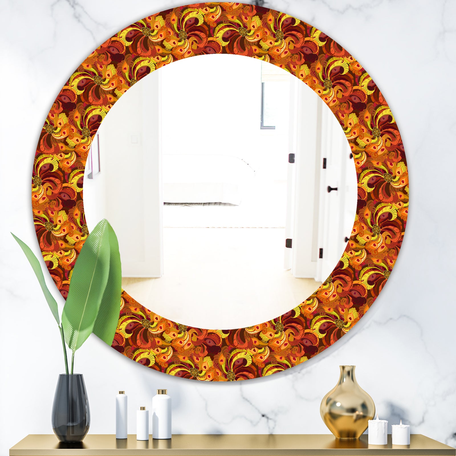 Beautiful Golden Orange & Red Peacock Feathers - Bohemian & Eclectic Mirror - Oval or Round Wall Mirror