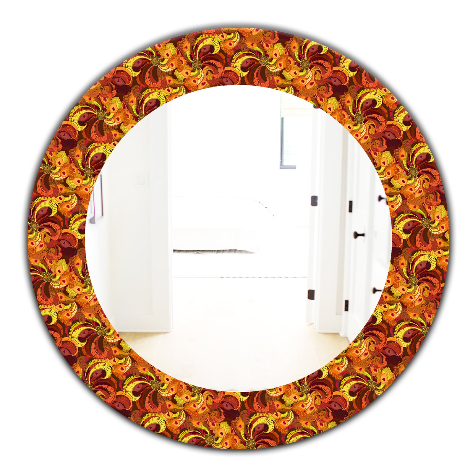 Beautiful Golden Orange & Red Peacock Feathers - Bohemian & Eclectic Mirror - Oval or Round Wall Mirror